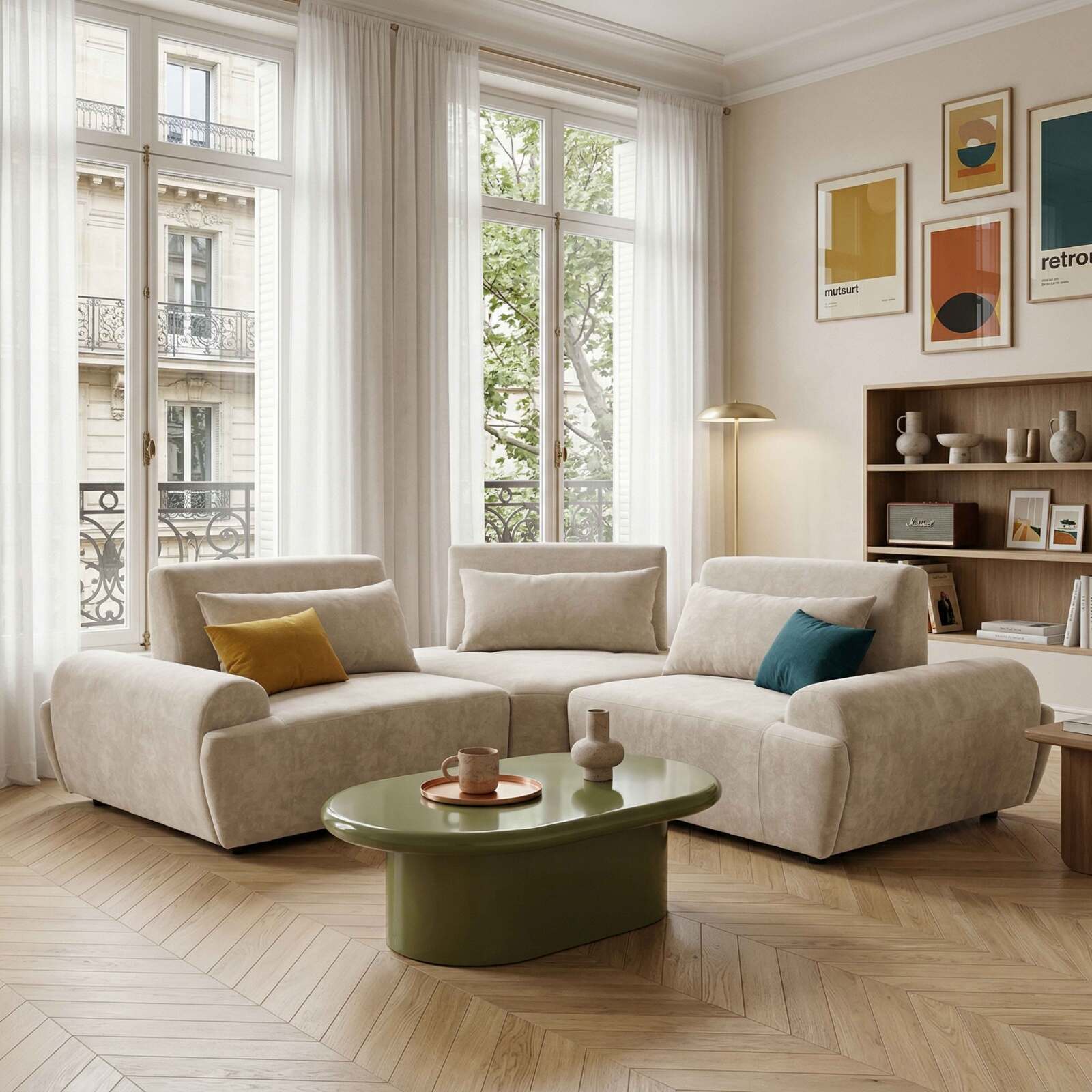 Canapé modulable d'angle 3 places en tissu avec coussins