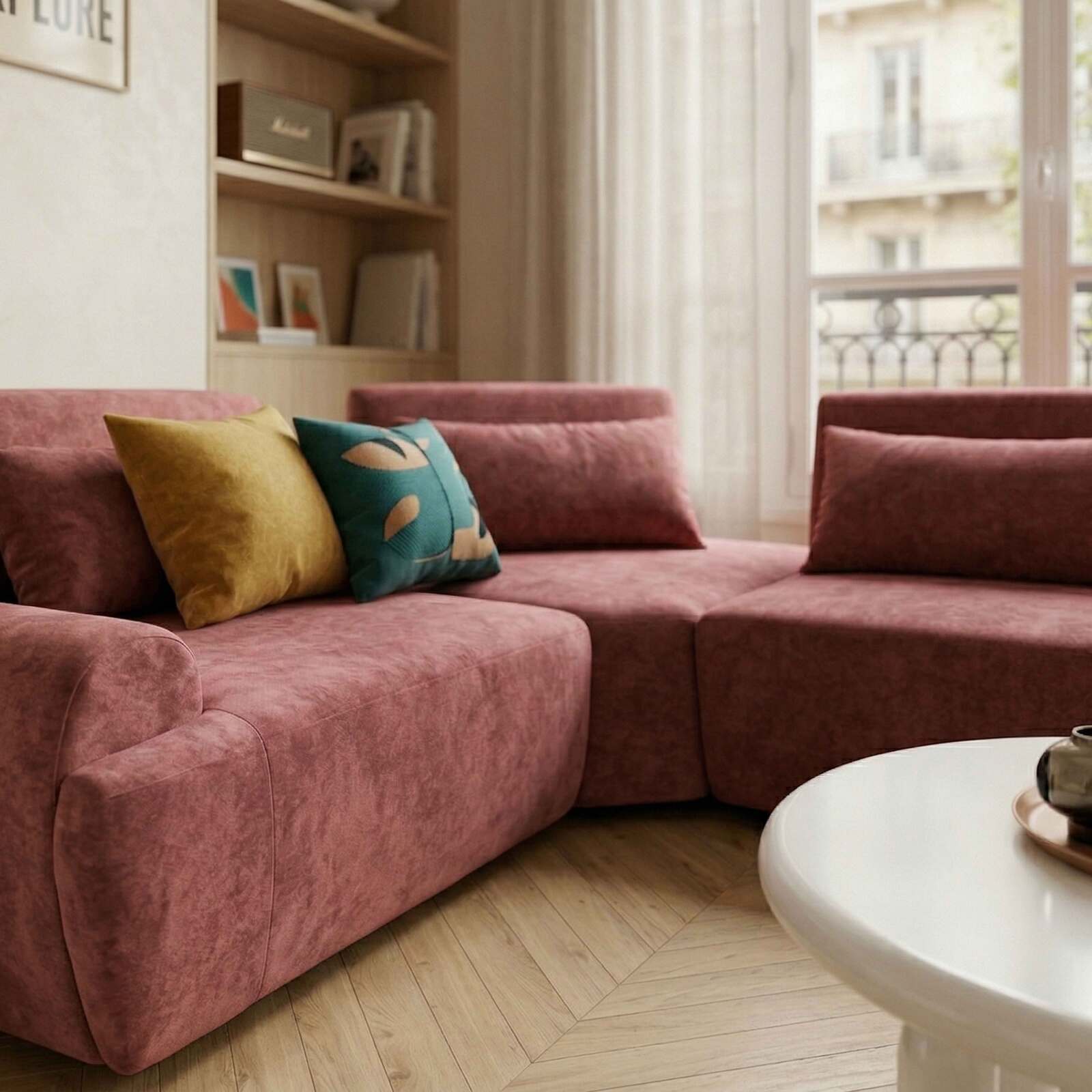 Canapé modulable d'angle 3 places en tissu avec coussins