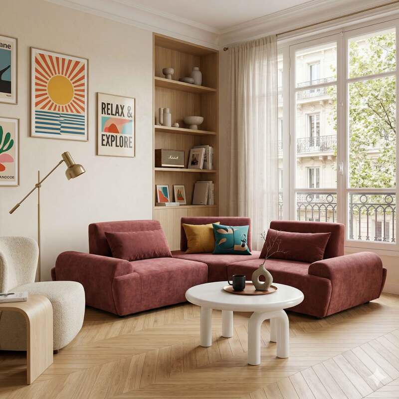 Canapé modulable d'angle 3 places en tissu avec coussins