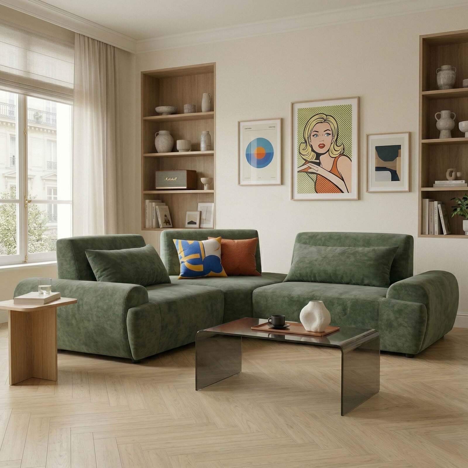 Canapé modulable d'angle 3 places en tissu avec coussins