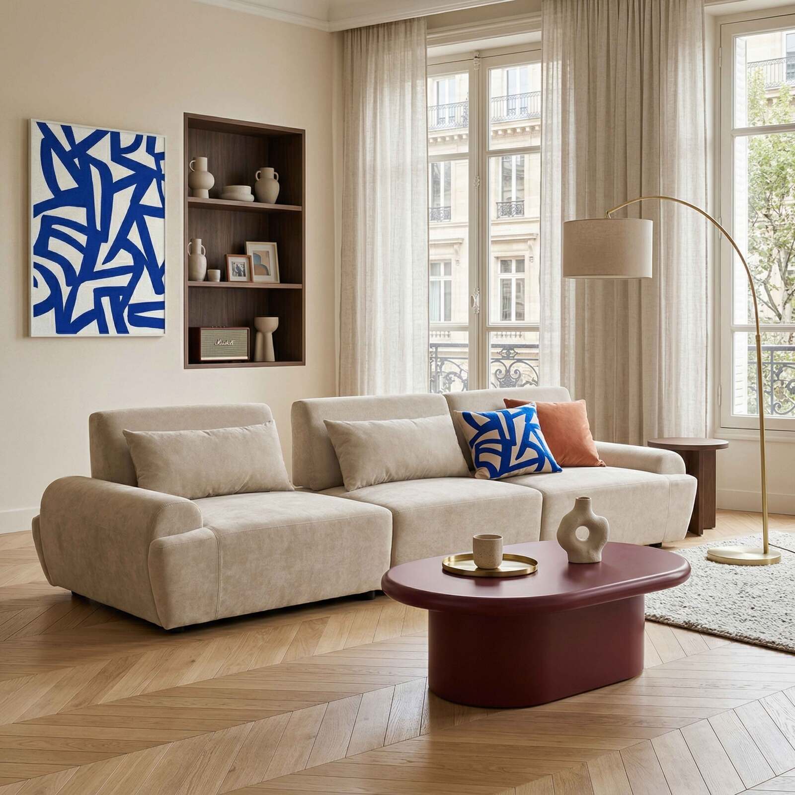 Canapé modulable 3 places en tissu avec coussins