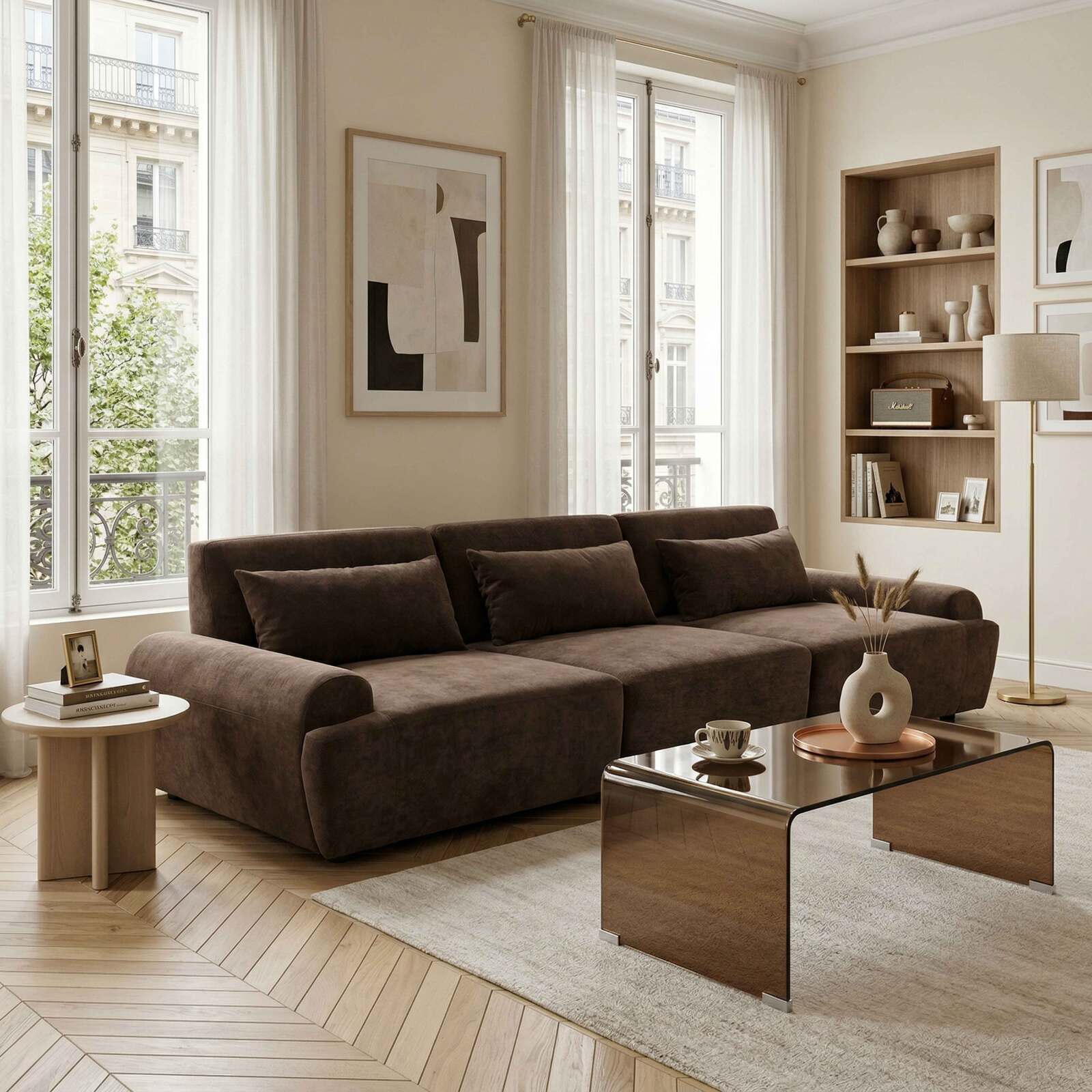 Canapé modulable 3 places en tissu avec coussins