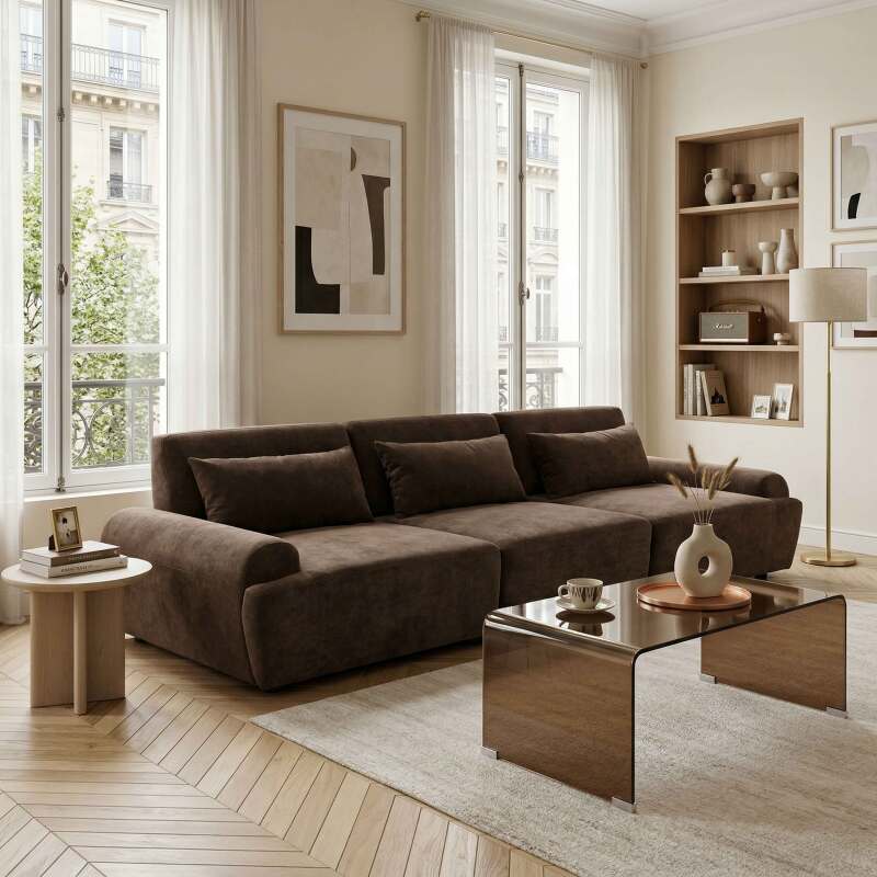 Canapé modulable 3 places en tissu avec coussins