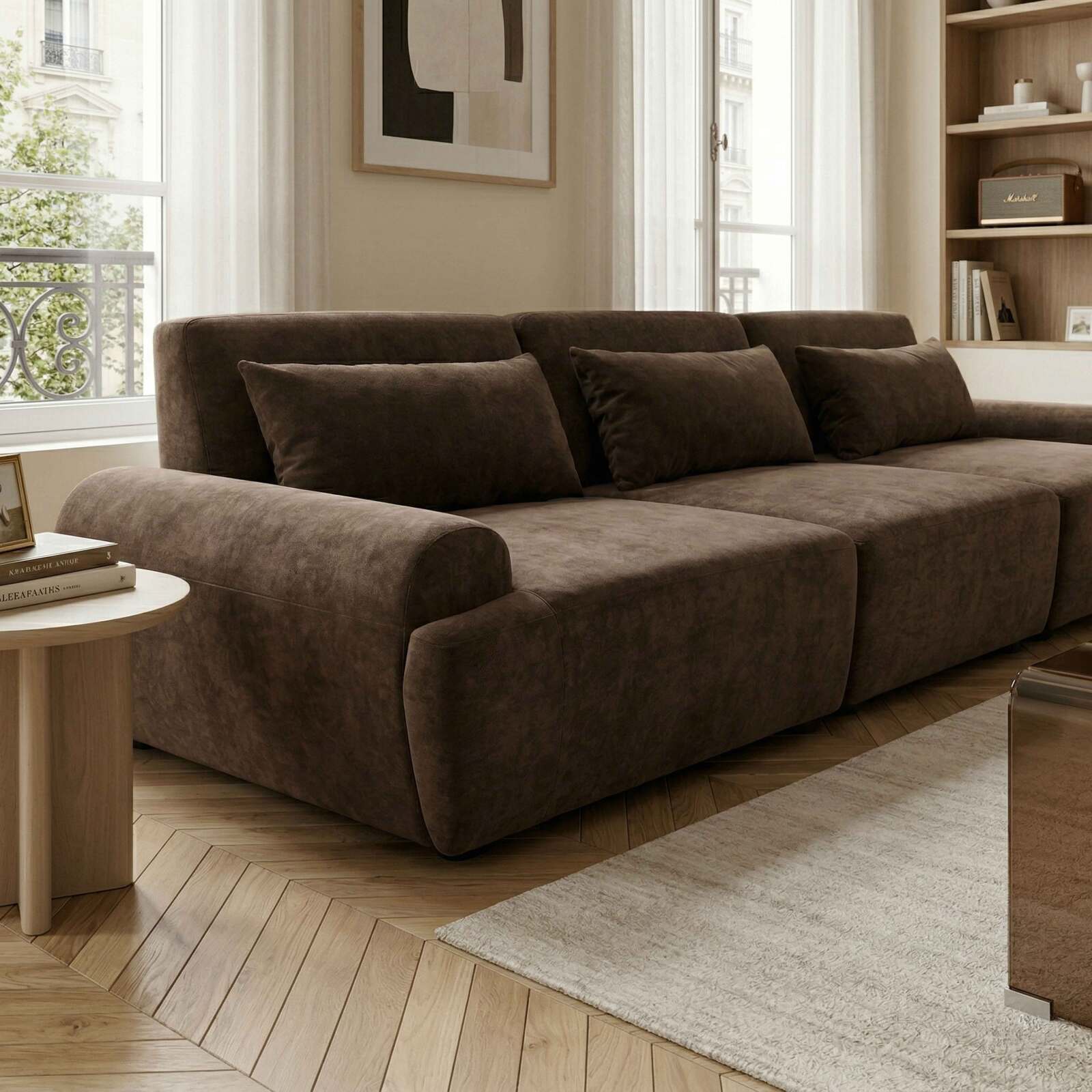 Canapé modulable 3 places en tissu avec coussins