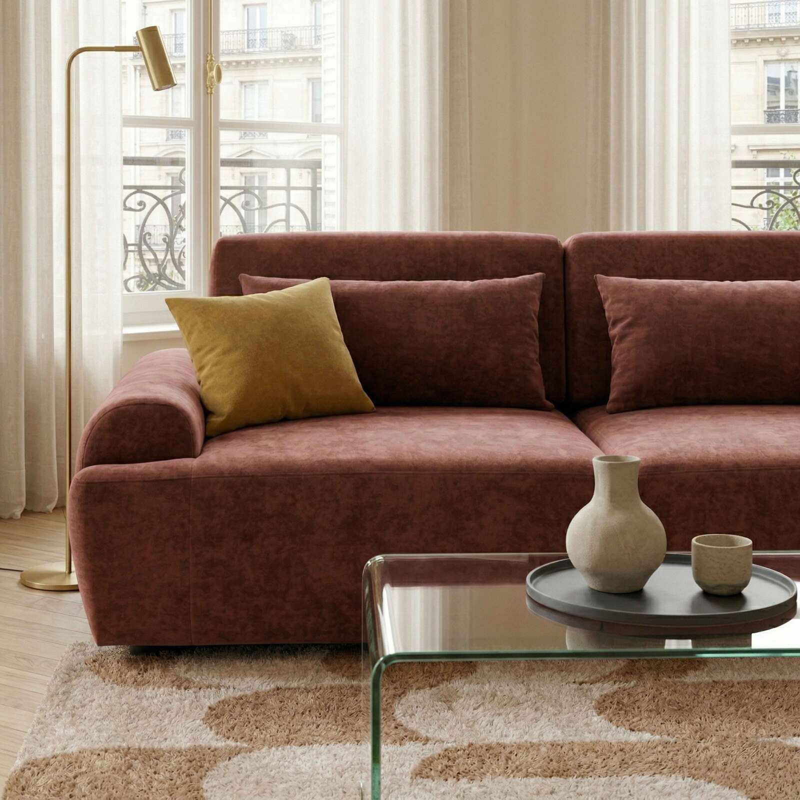 Canapé modulable 3 places en tissu avec coussins