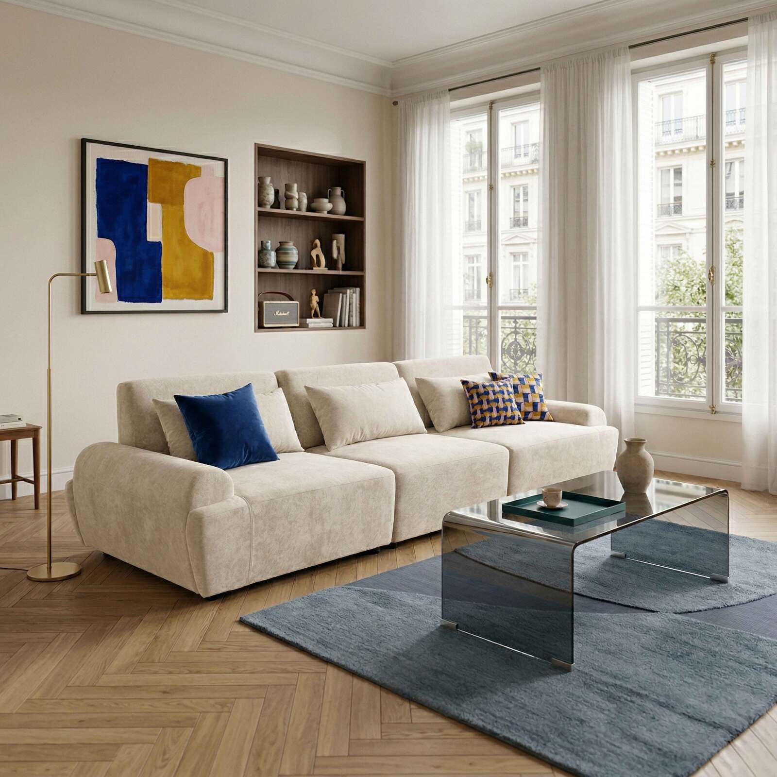 Canapé modulable 3 places en tissu avec coussins