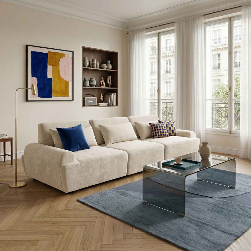 Canapé modulable 3 places en tissu avec coussins