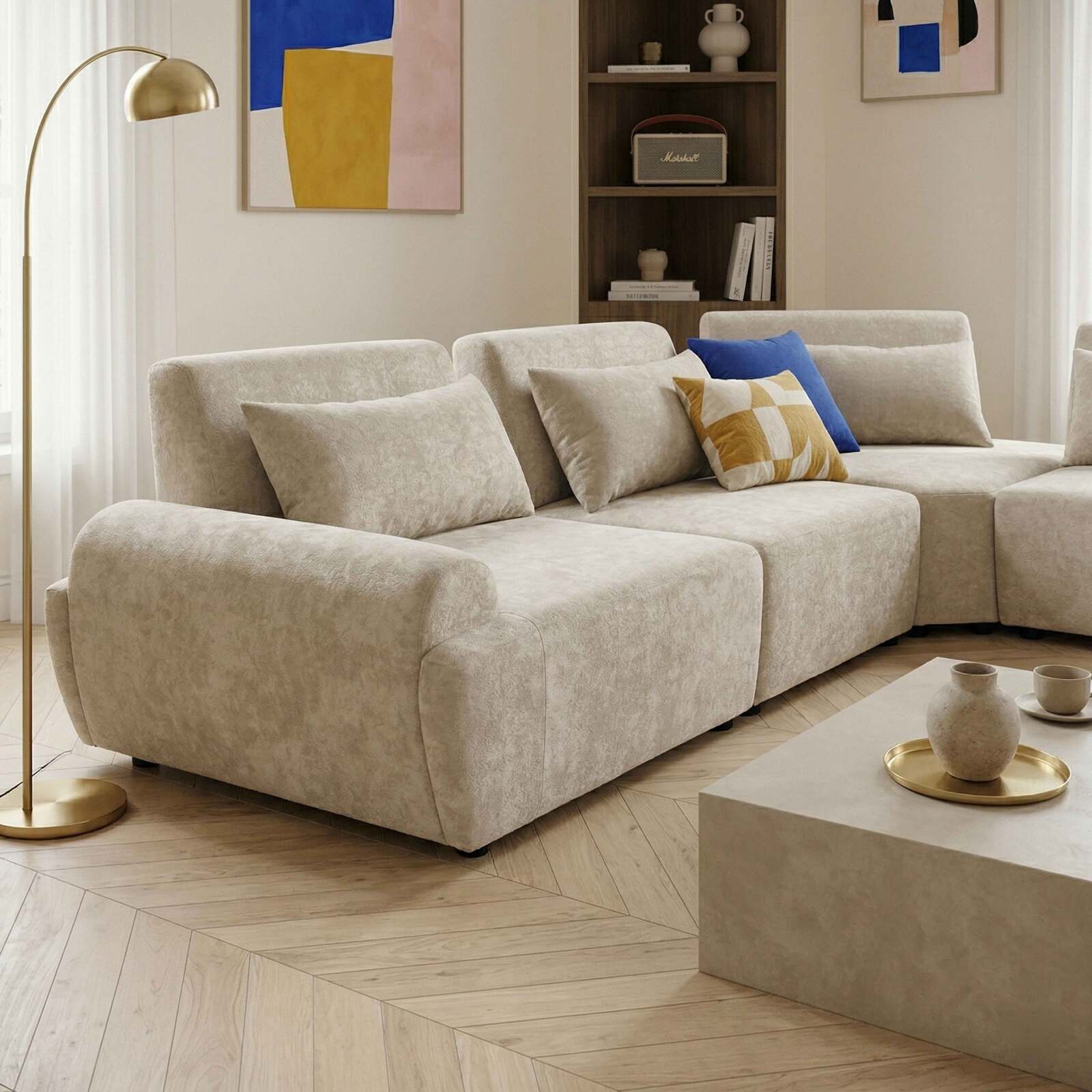 Canapé modulable d'angle 4 places en tissu avec coussins