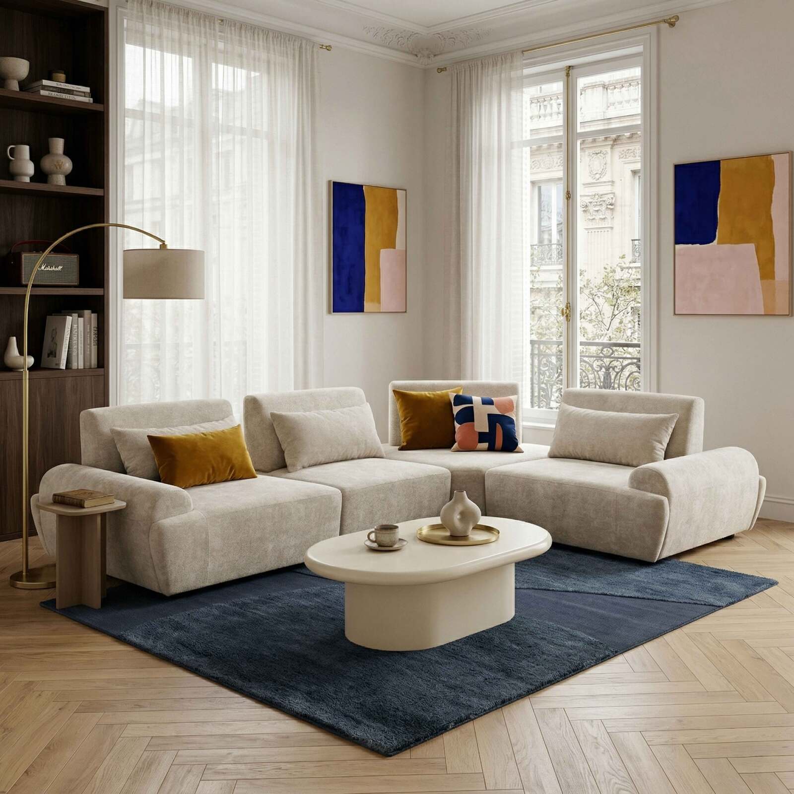 Canapé modulable d'angle 4 places en tissu avec coussins