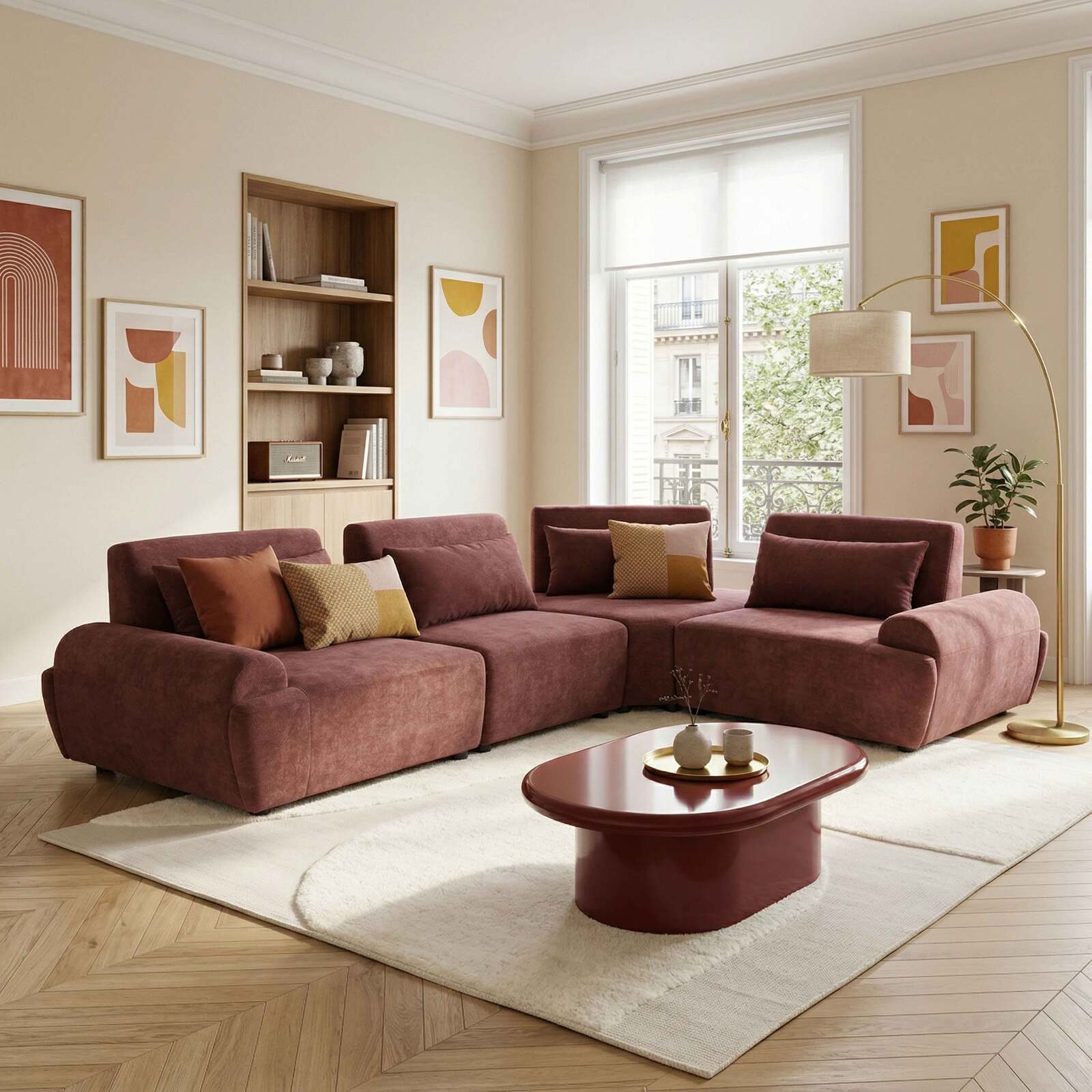 Canapé modulable d'angle 4 places en tissu avec coussins