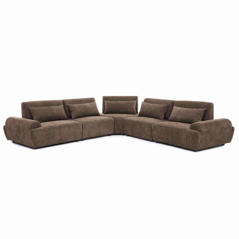 Canapé modulable d'angle 5 places en tissu avec coussins