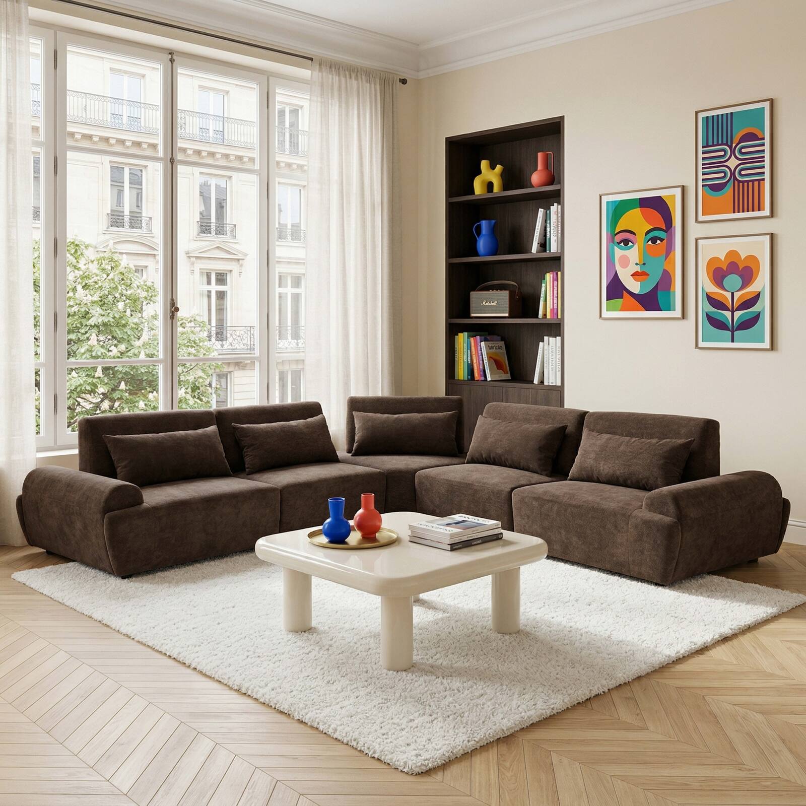 Canapé modulable d'angle 5 places en tissu avec coussins