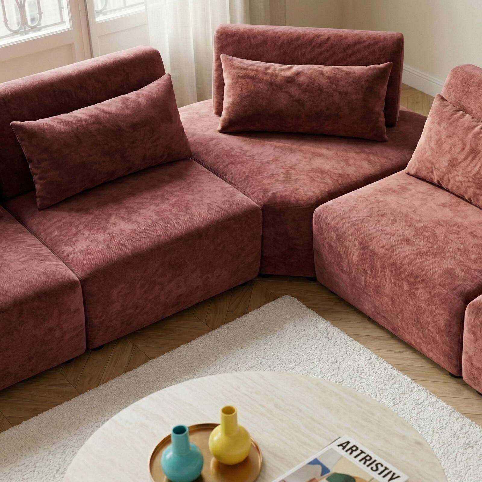 Canapé modulable d'angle 5 places en tissu avec coussins