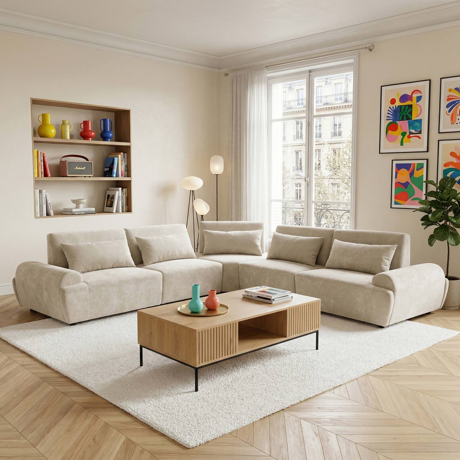 Canapé modulable d'angle 5 places en tissu avec coussins