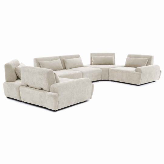 Canapé modulable d'angle panoramique 6 places en tissu avec coussins