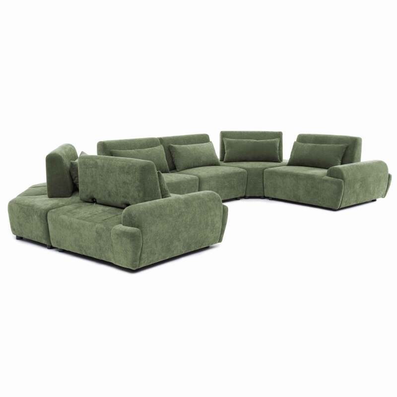 Canapé modulable d'angle panoramique 6 places en tissu avec coussins