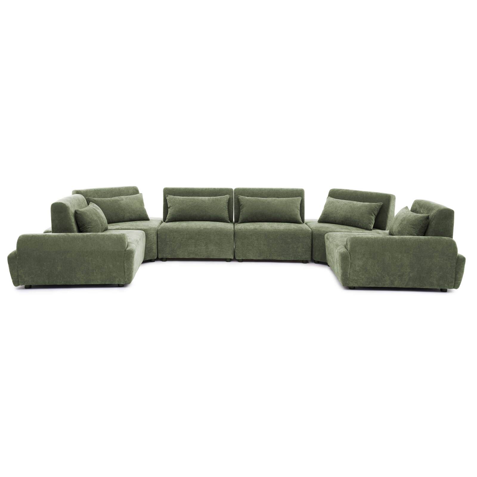 Canapé modulable d'angle panoramique 6 places en tissu avec coussins
