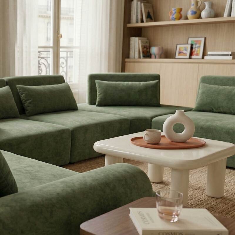 Canapé modulable d'angle panoramique 6 places en tissu avec coussins (4/8)