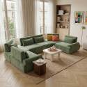 Canapé modulable d'angle panoramique 6 places en tissu avec coussins