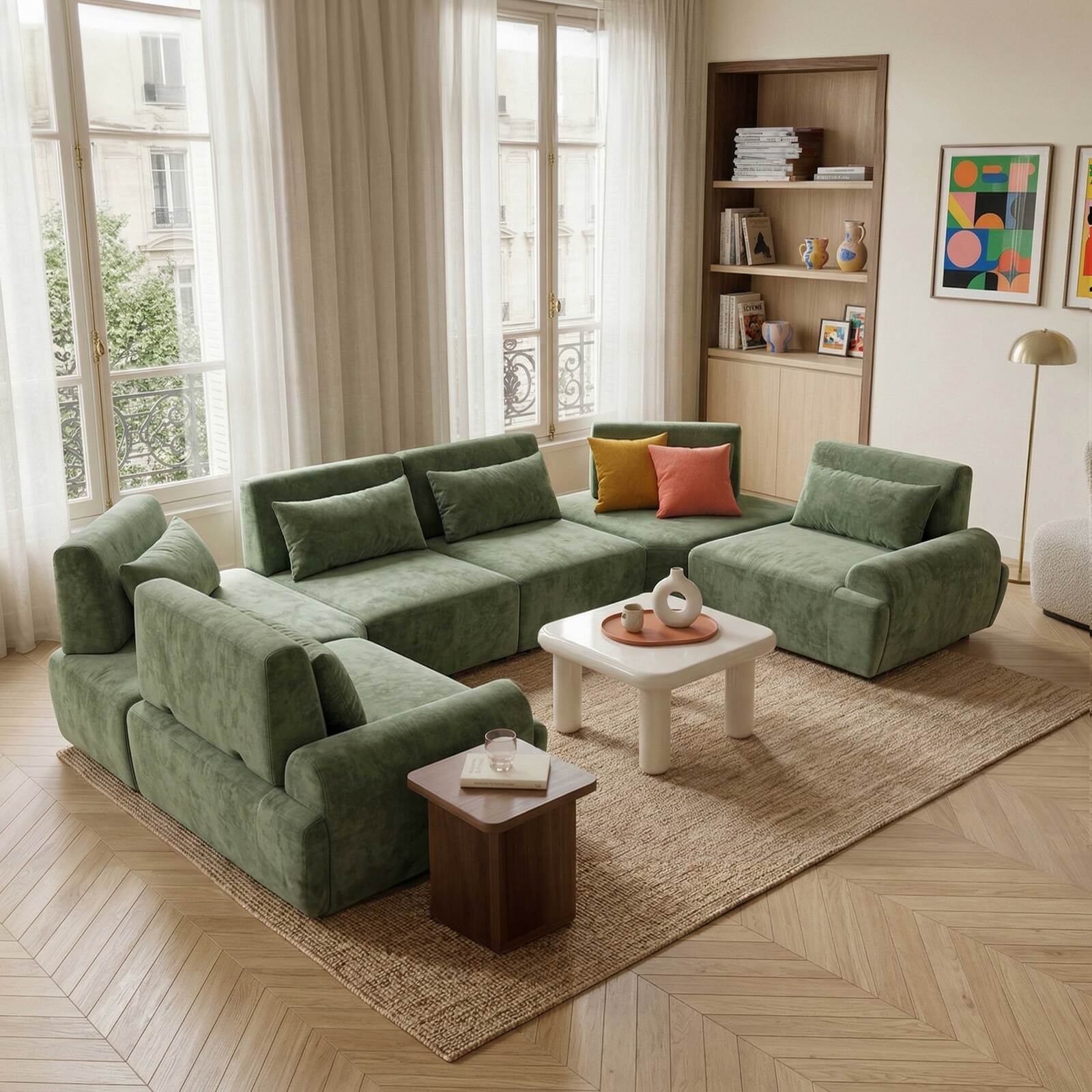 Canapé modulable d'angle panoramique 6 places en tissu avec coussins