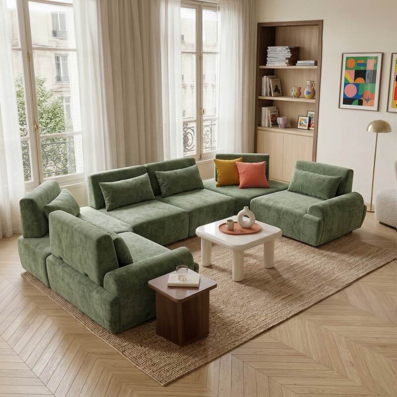 Canapé modulable d'angle panoramique 6 places en tissu avec coussins (2/8)