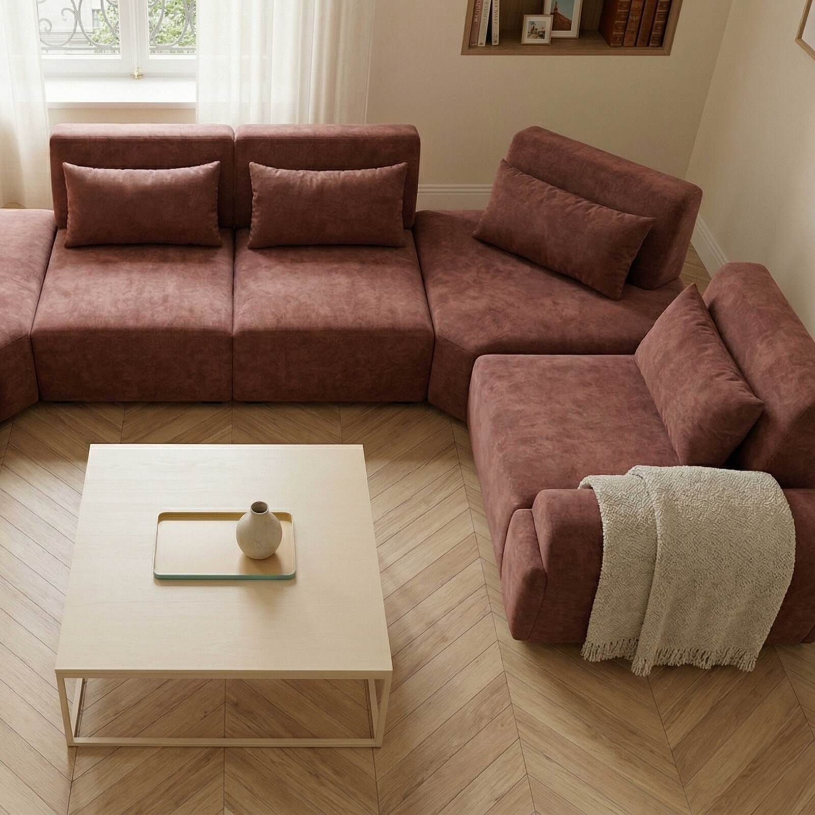 Canapé modulable d'angle panoramique 6 places en tissu avec coussins