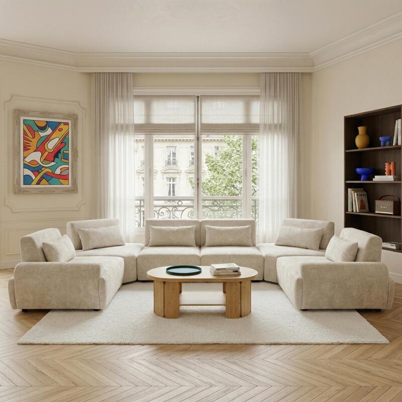 Canapé modulable d'angle panoramique 6 places en tissu avec coussins