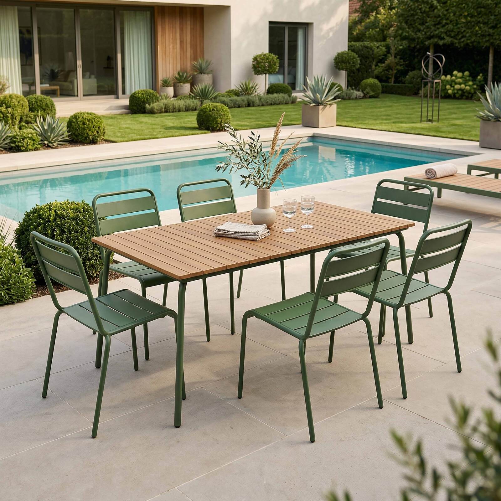 Table de jardin effet bois en métal et polywood 6 personnes 160x90 cm