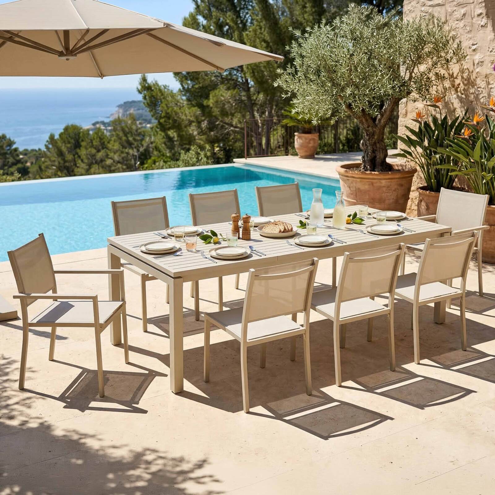 Table de jardin extensible en aluminium 180/240x90 cm et 8 chaises en textilène