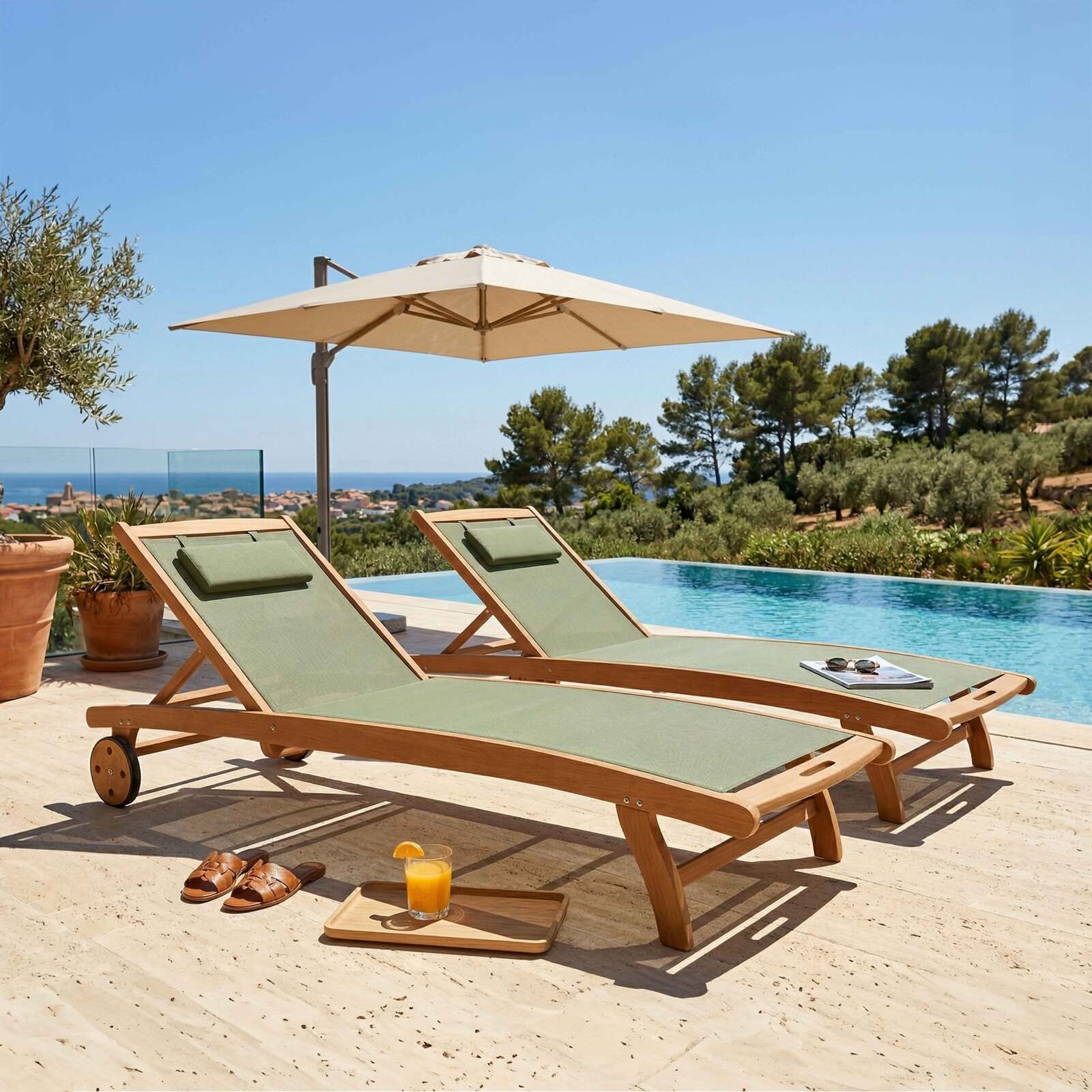 Bains de soleil bois inclinables 5 positions avec roues - Lot de 2