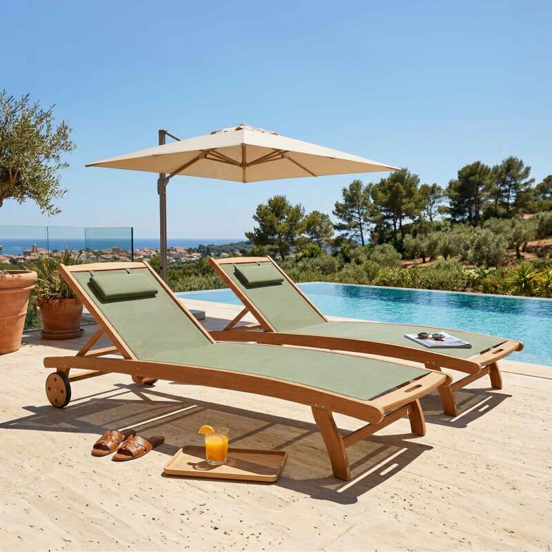 Bains de soleil bois inclinables 5 positions avec roues - Lot de 2