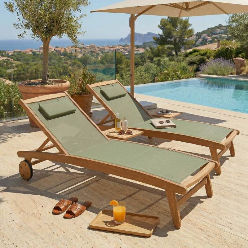 Bains de soleil bois inclinables 5 positions avec roues - Lot de 2 (7/7)