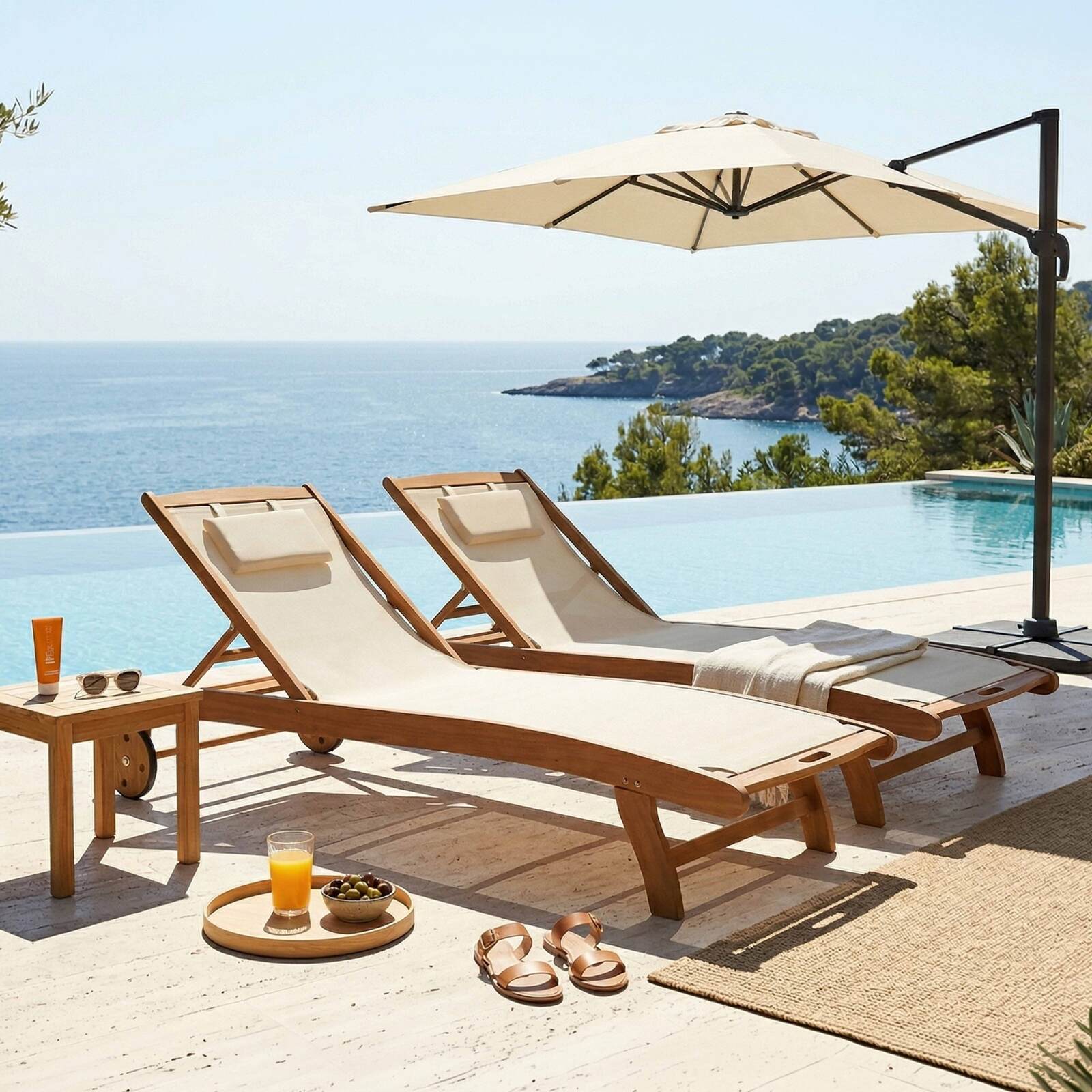 Bains de soleil bois inclinables 5 positions avec roues - Lot de 2