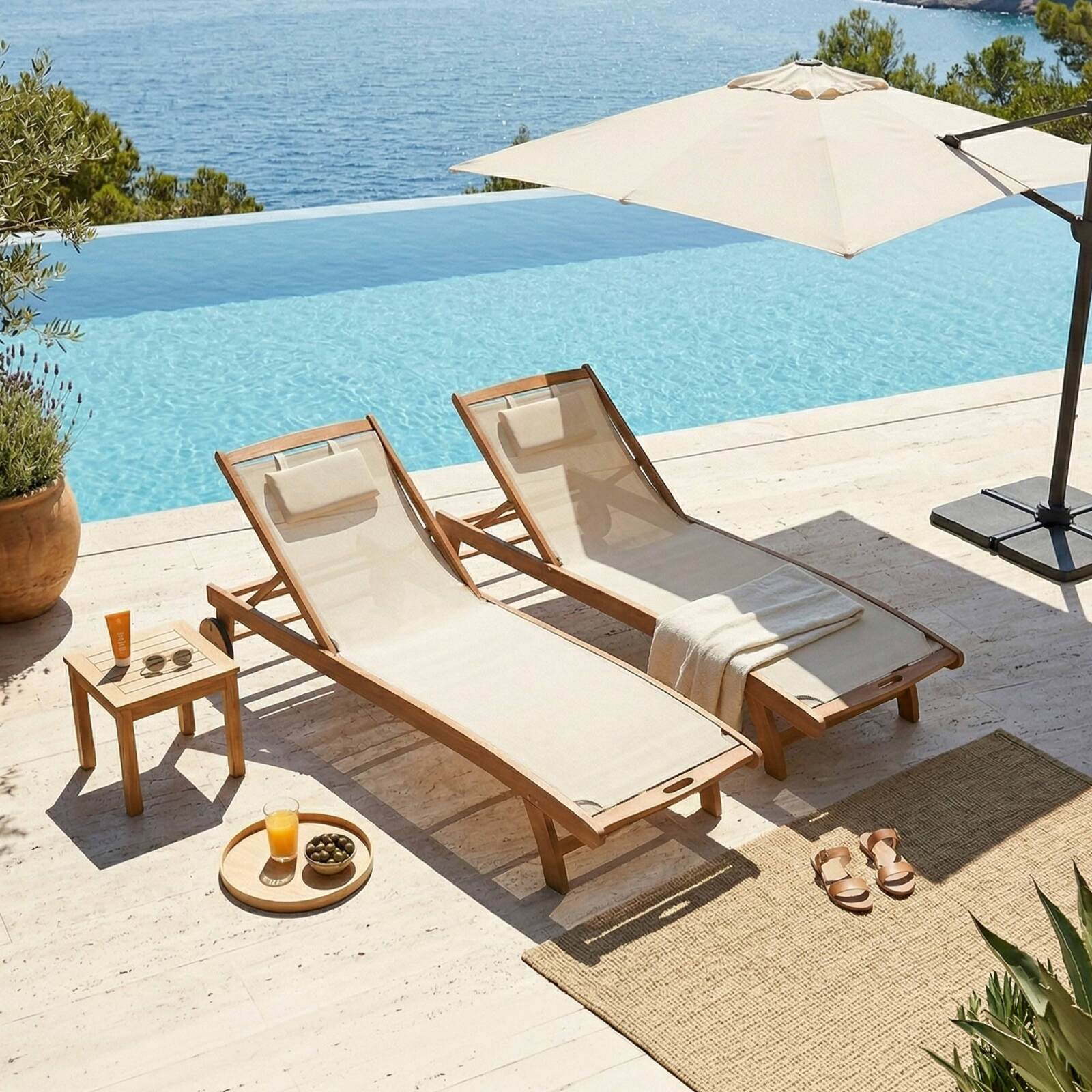 Bains de soleil bois inclinables 5 positions avec roues - Lot de 2