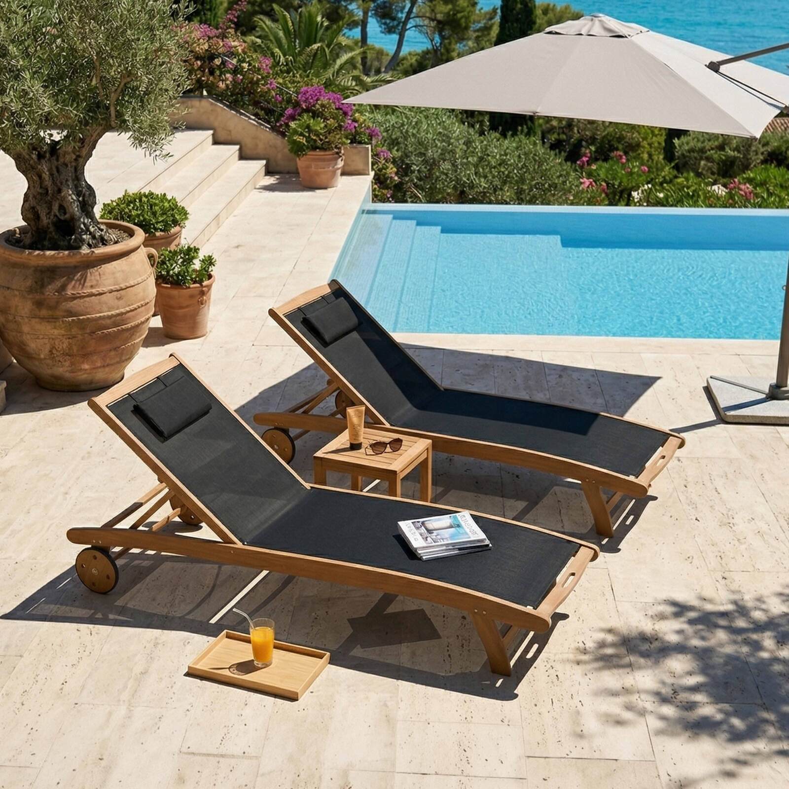 Bains de soleil bois inclinables 5 positions avec roues - Lot de 2