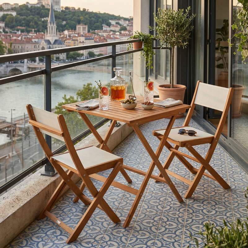 Table de jardin carrée pliante en bois d'eucalyptus FSC® 70x70 cm et 2 chaises pliantes en textilène