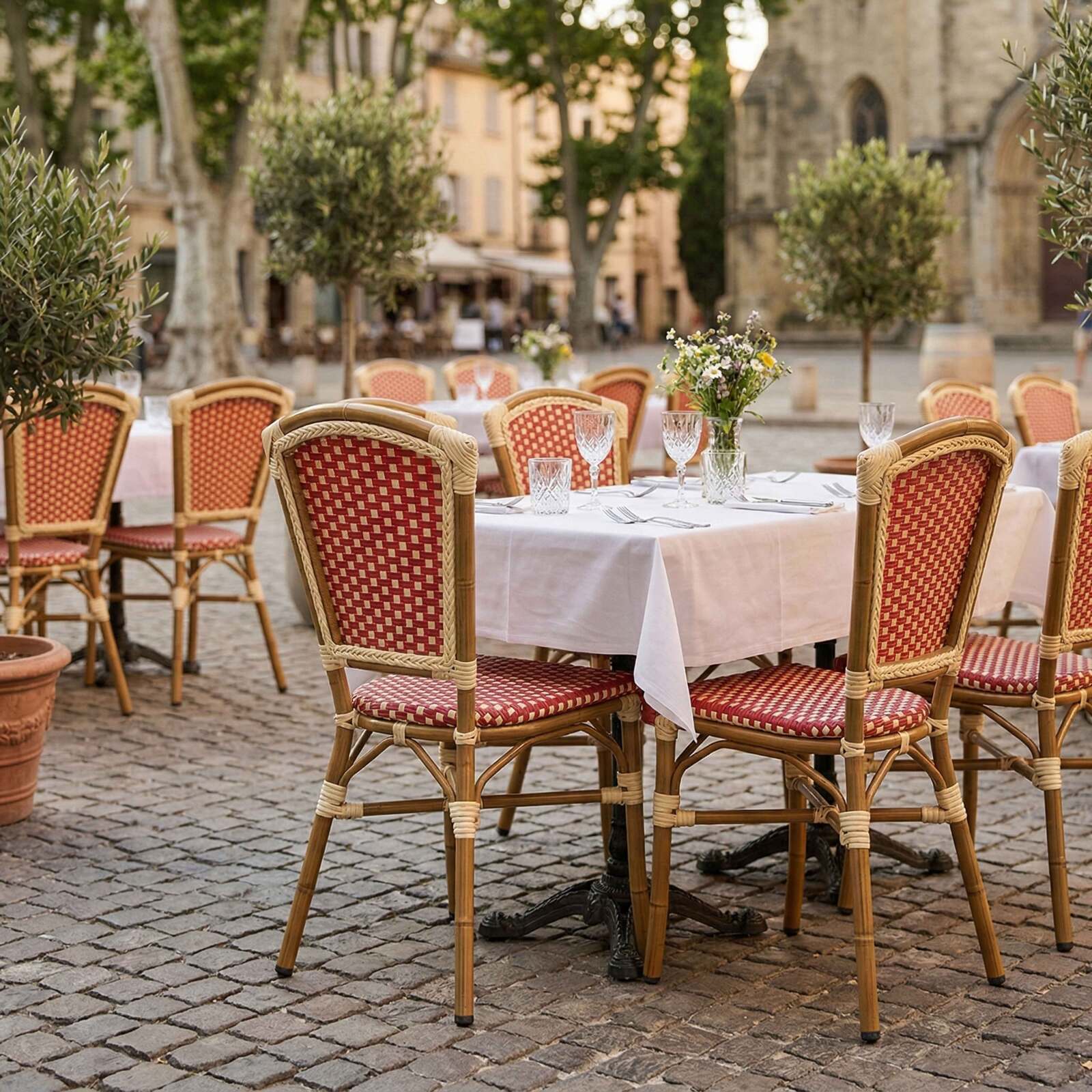 Chaise de jardin bistrot parisien en aluminum et rotin synthétique, motif petits carrés