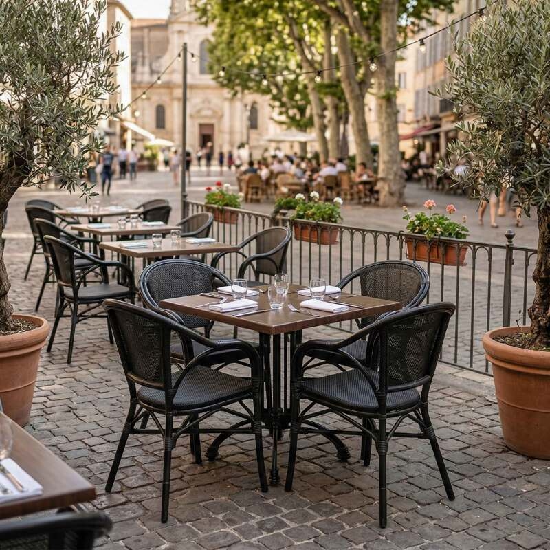 Chaise de jardin bistrot en aluminum et rotin synthétique avec accoudoirs - Ambiance
