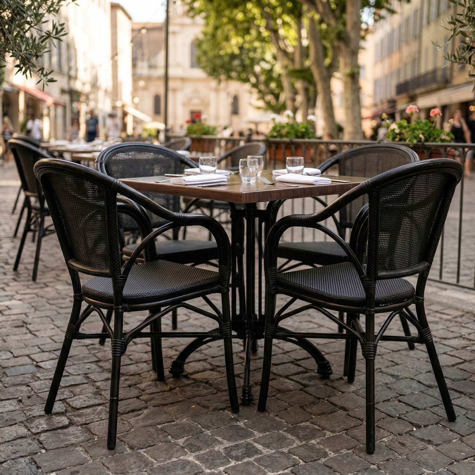 Chaise de jardin bistrot en aluminum et rotin synthétique avec accoudoirs