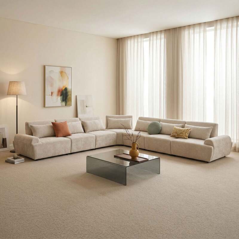 Canapé modulable d'angle 7 places en tissu avec coussins