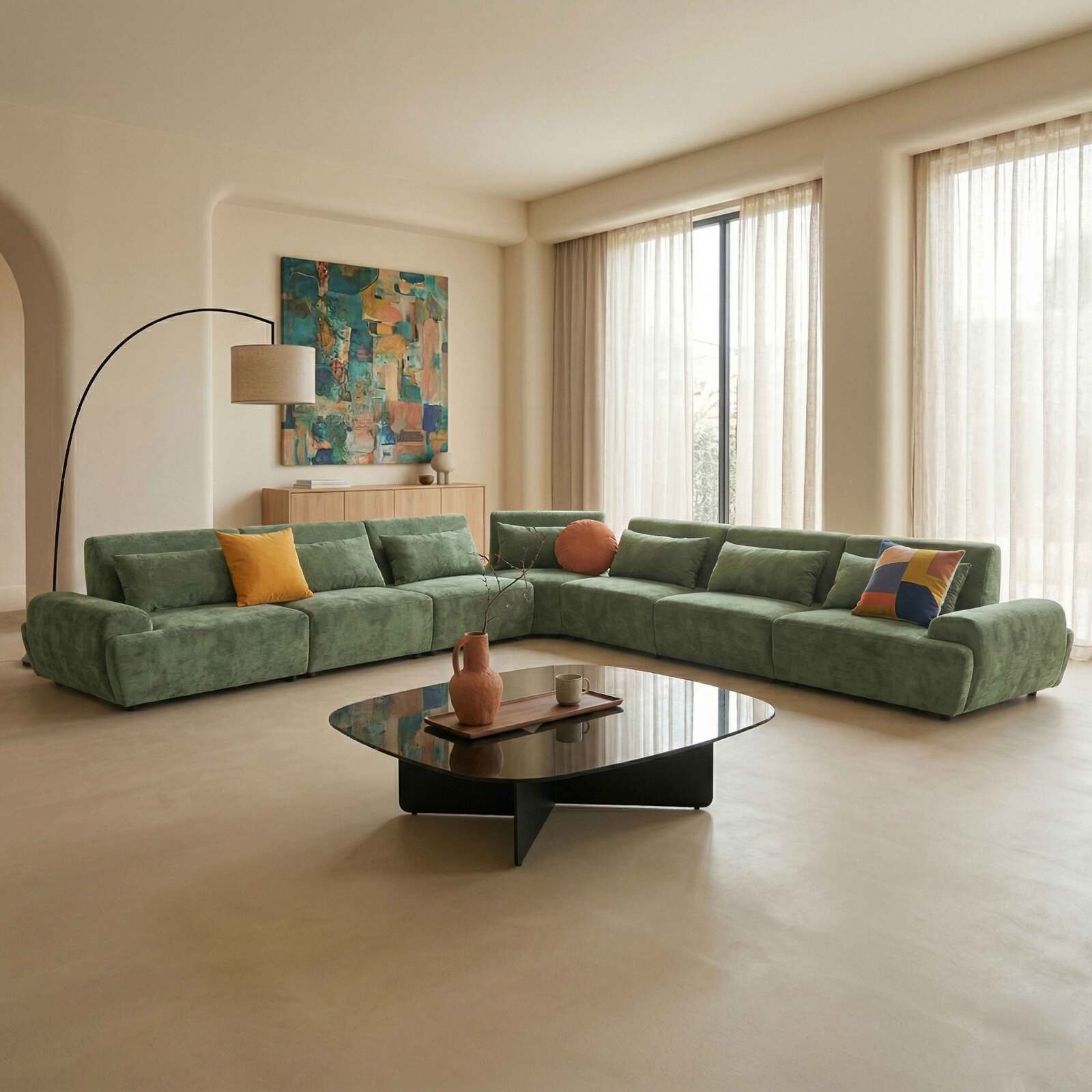 Canapé modulable d'angle 7 places en tissu avec coussins