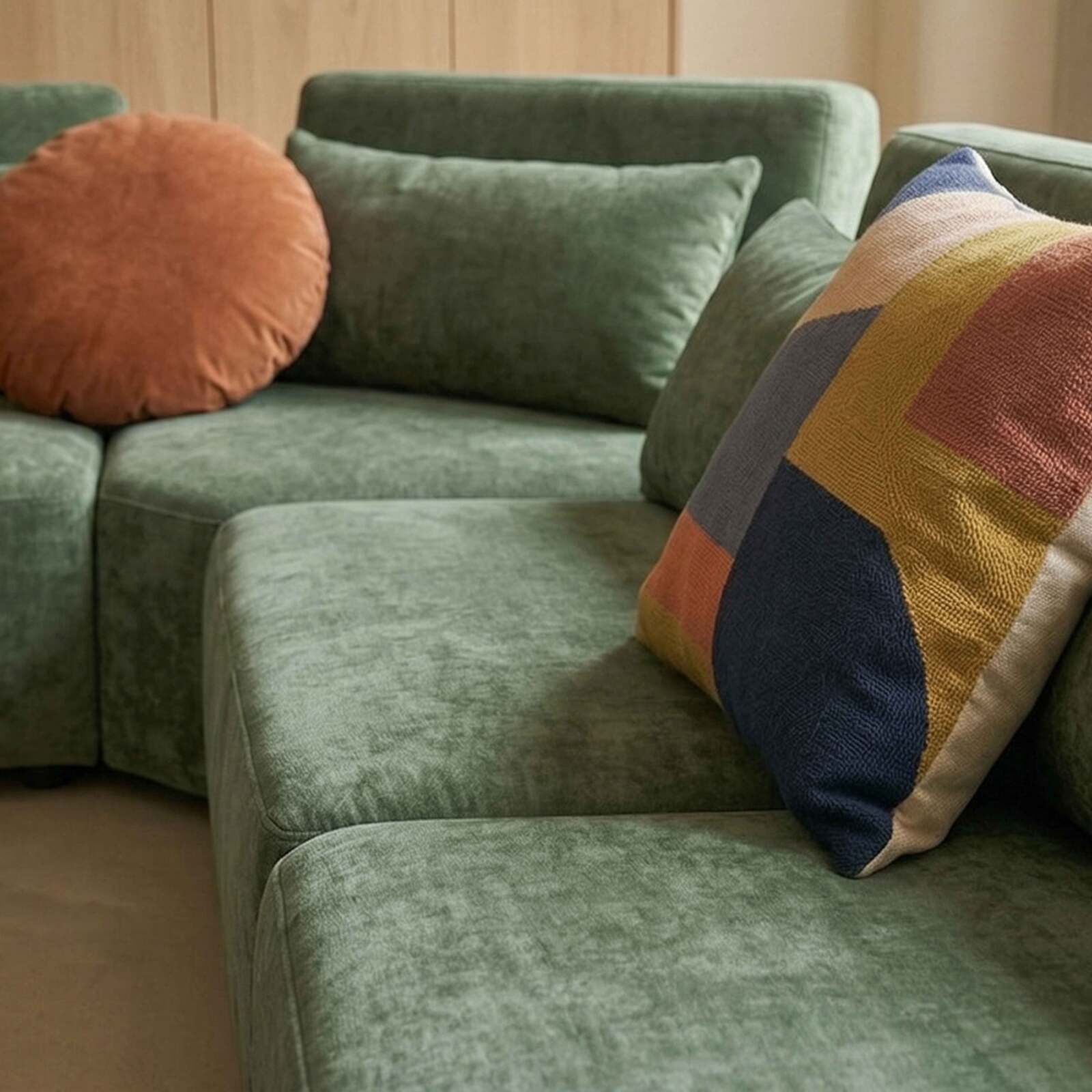 Canapé modulable d'angle 7 places en tissu avec coussins