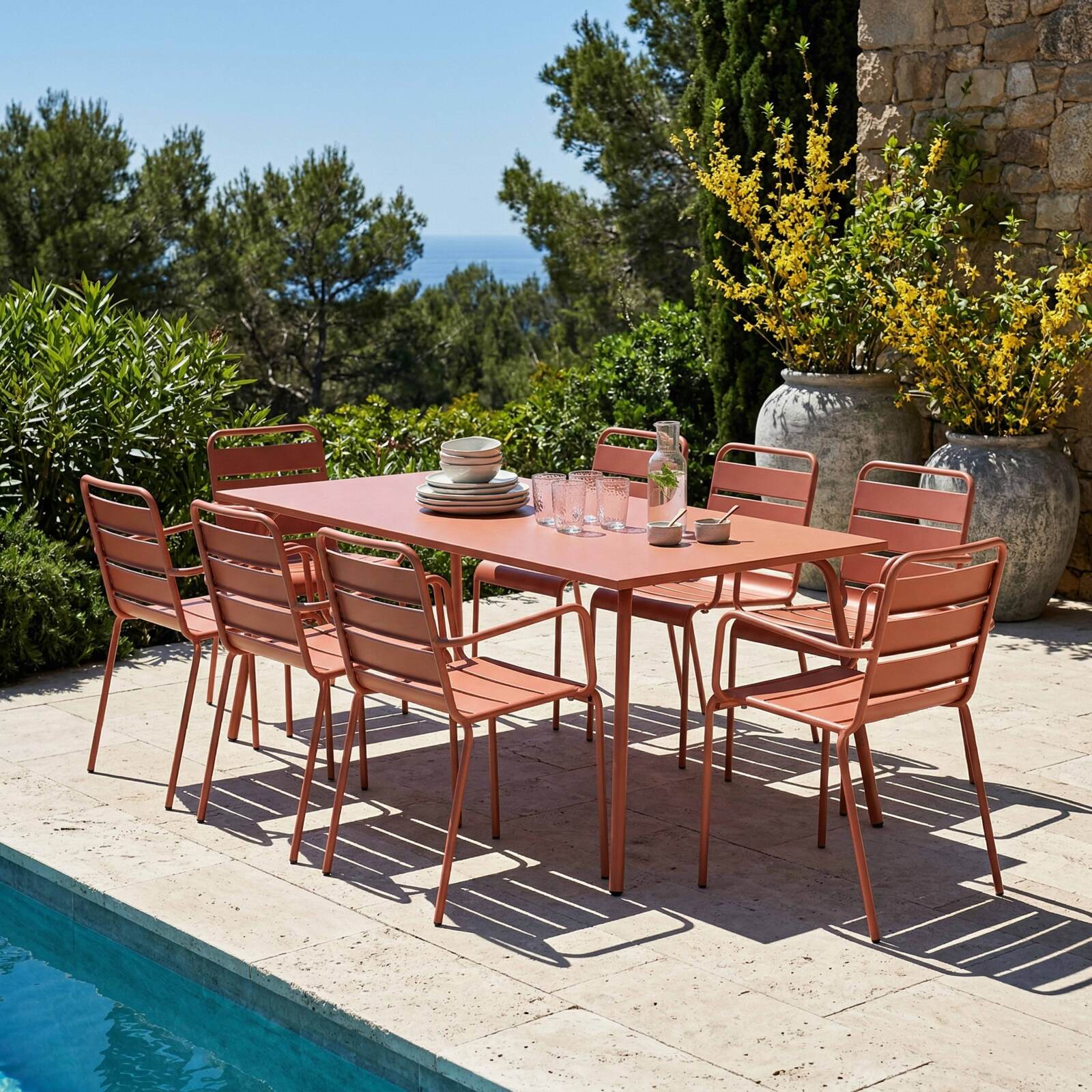 Table de jardin en métal 180x90 cm et 8 chaises avec accoudoirs