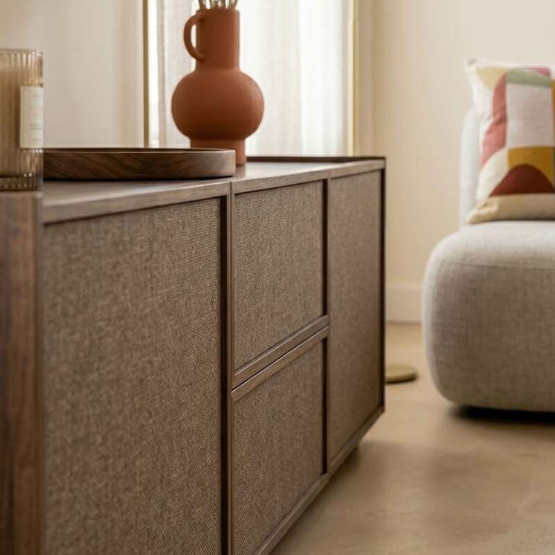 Meuble TV effet bois 150 cm en tissu style scandinave (4/9)