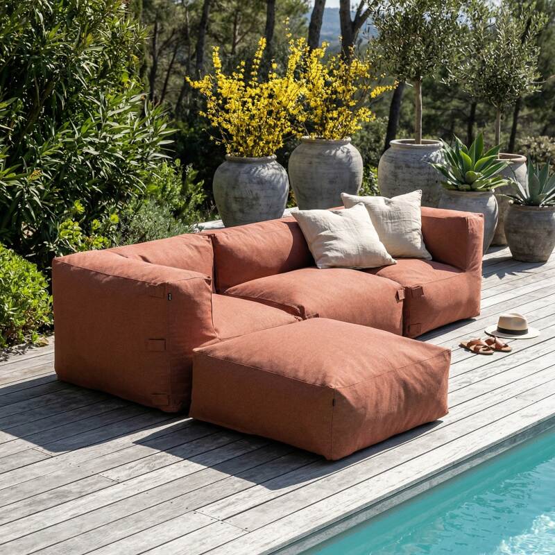 Salon de jardin modulable 4 places avec 1 chauffeuse, 2 fauteuils d'angle et 1 pouf