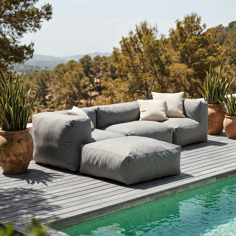 Salon de jardin modulable 4 places avec 1 chauffeuse, 2 fauteuils d'angle et 1 pouf