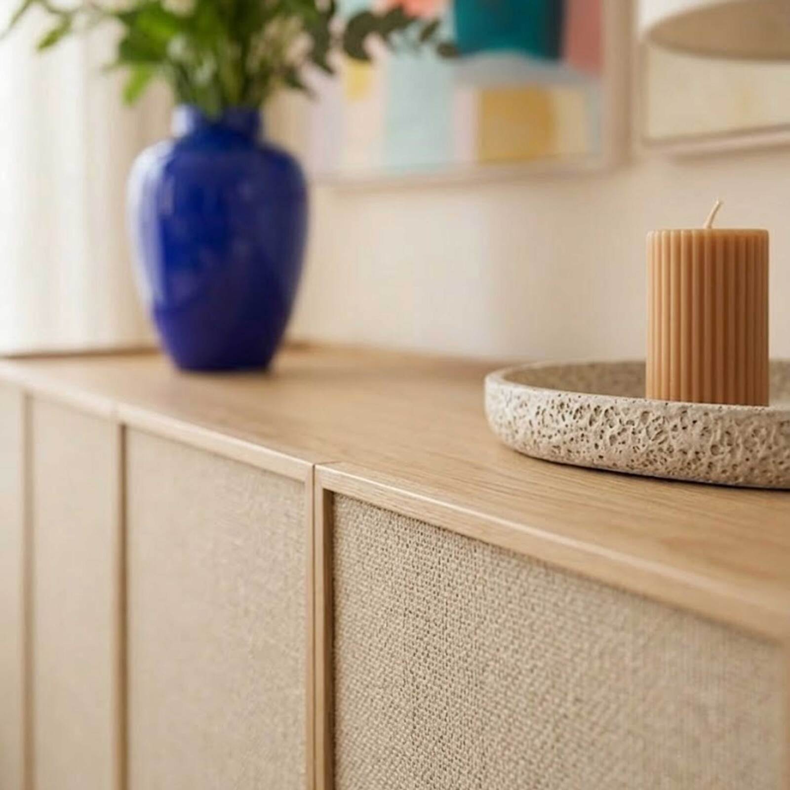 Buffet effet bois et tissu 4 portes 180 cm style scandinave