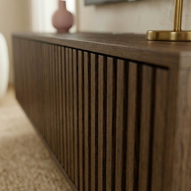 Meuble TV suspendu effet bois clair 120 cm style scandinave (3/9)