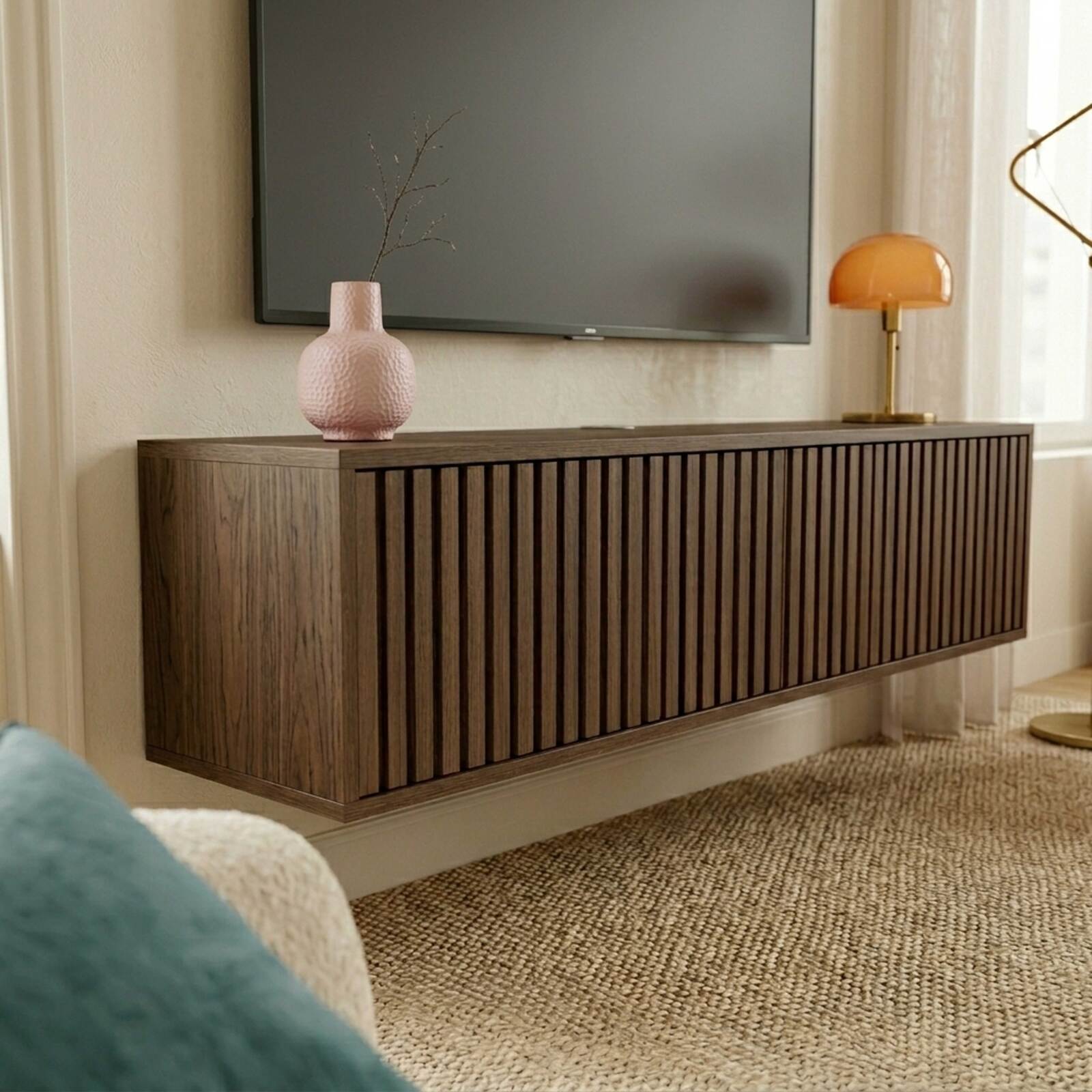 Meuble TV suspendu effet bois clair 120 cm style scandinave