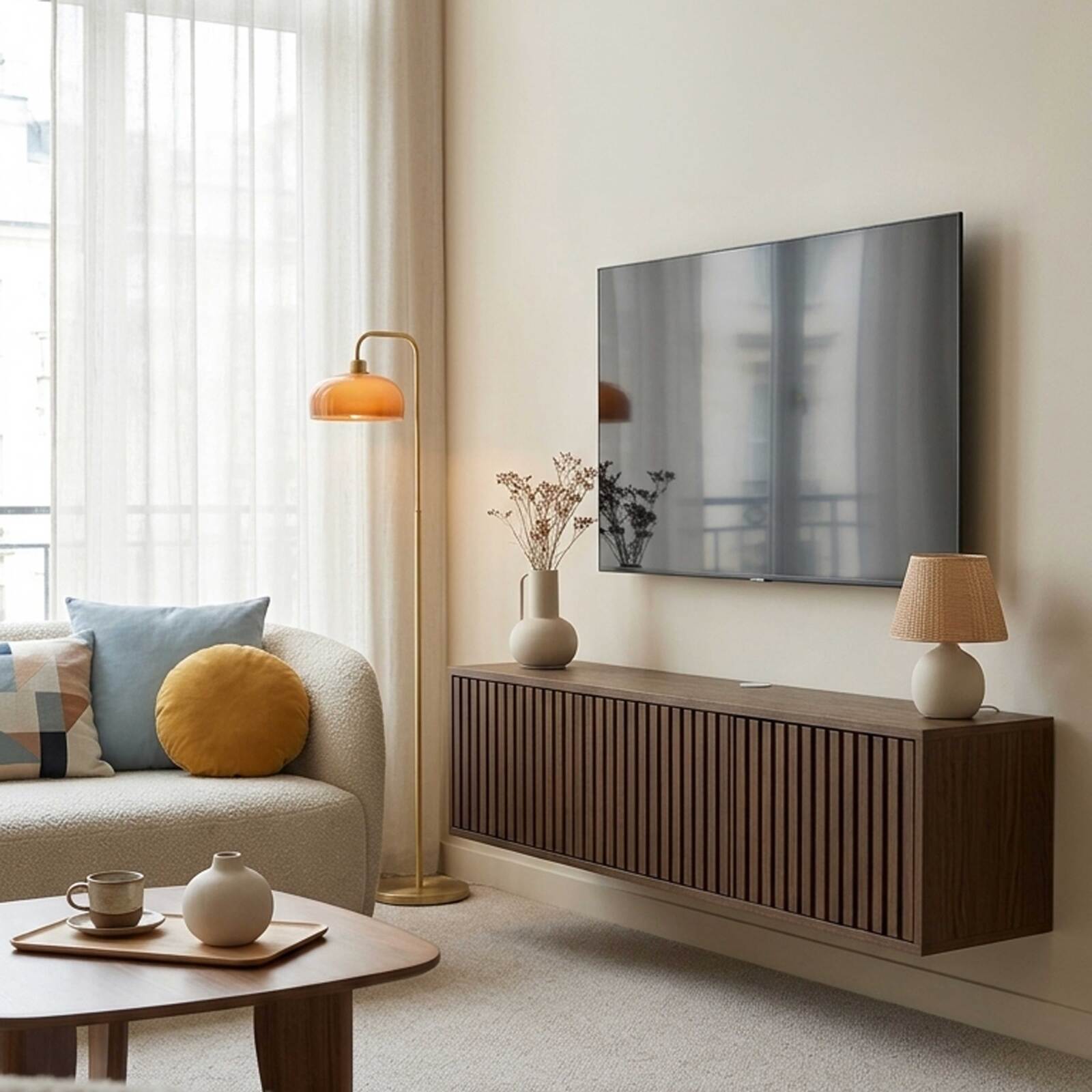 Meuble TV suspendu effet bois clair 120 cm style scandinave
